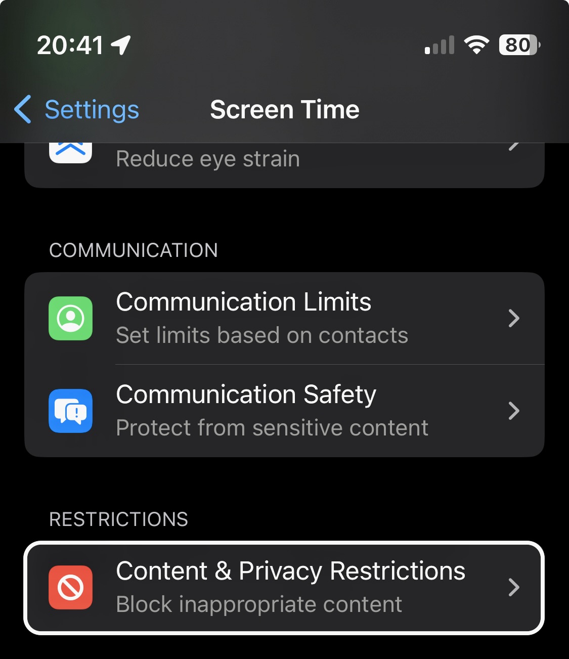 Screenshot of iPhone screen time menu.