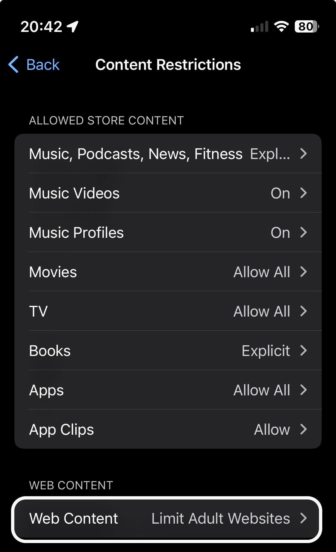 Screenshot of iPhone content restriction menu.