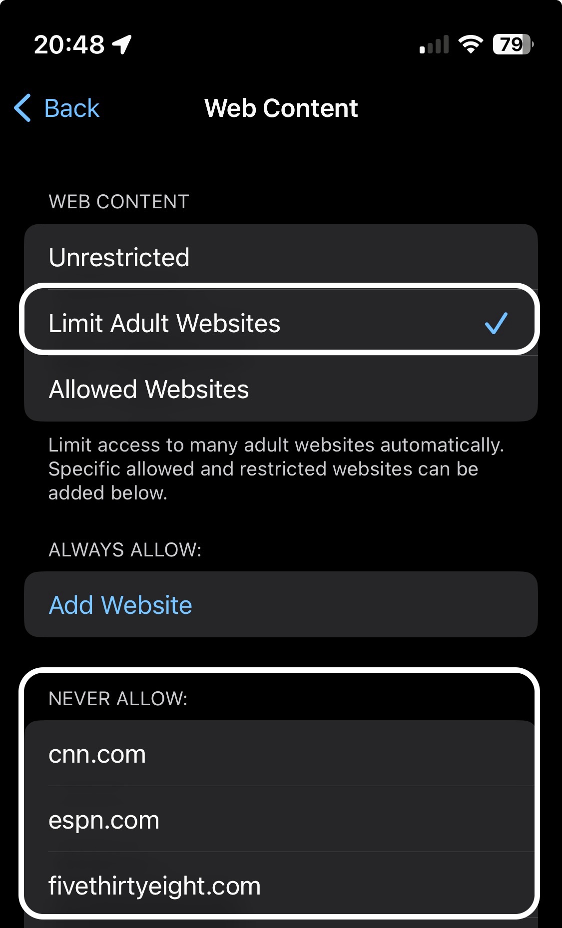 Screenshot of iPhone web content menu.