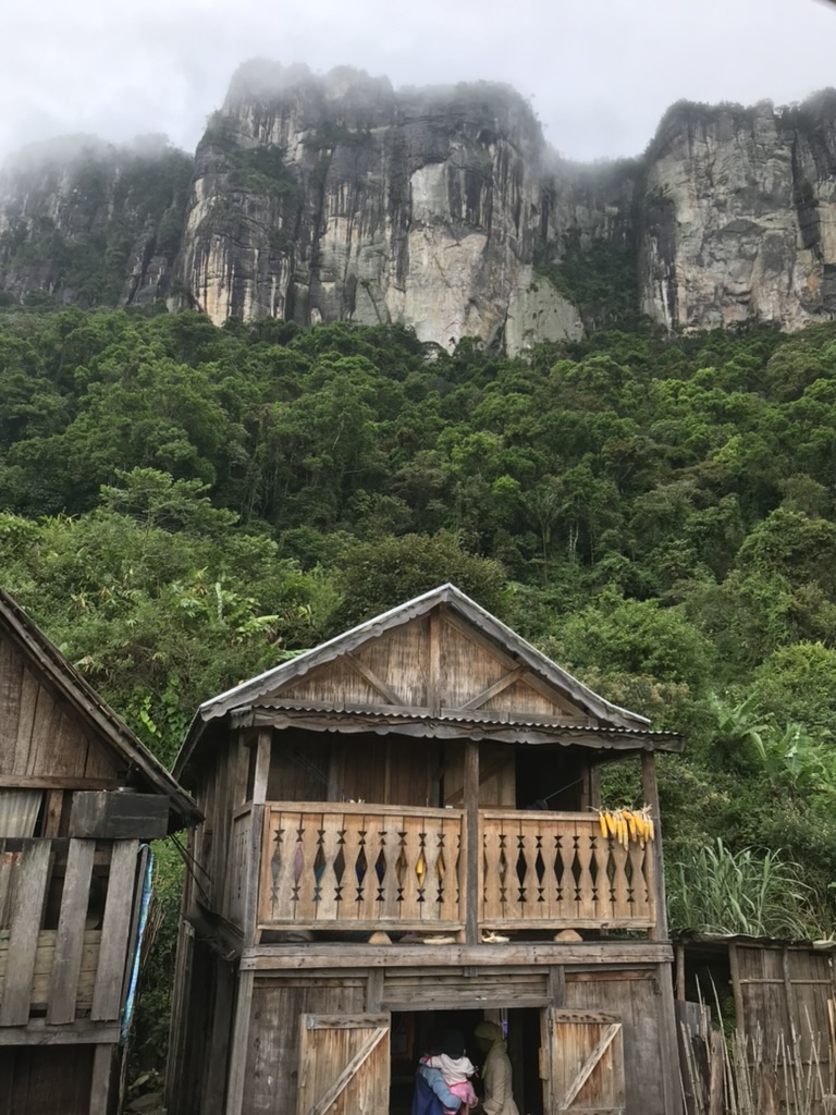 a small house with a steep, forested-mountain behind it